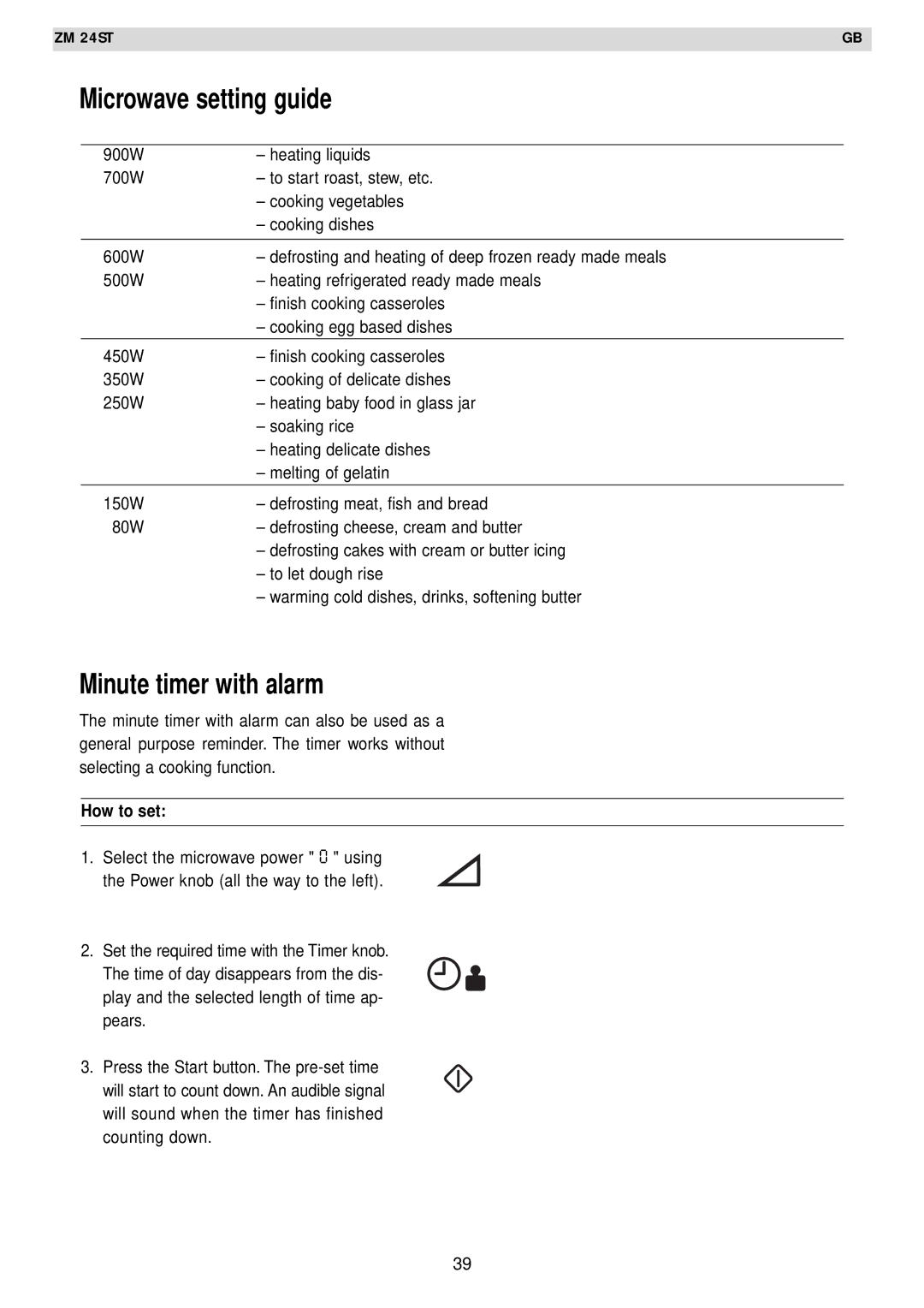 Zanussi AG125 quick start Microwave setting guide, Minute timer with alarm, How to set 