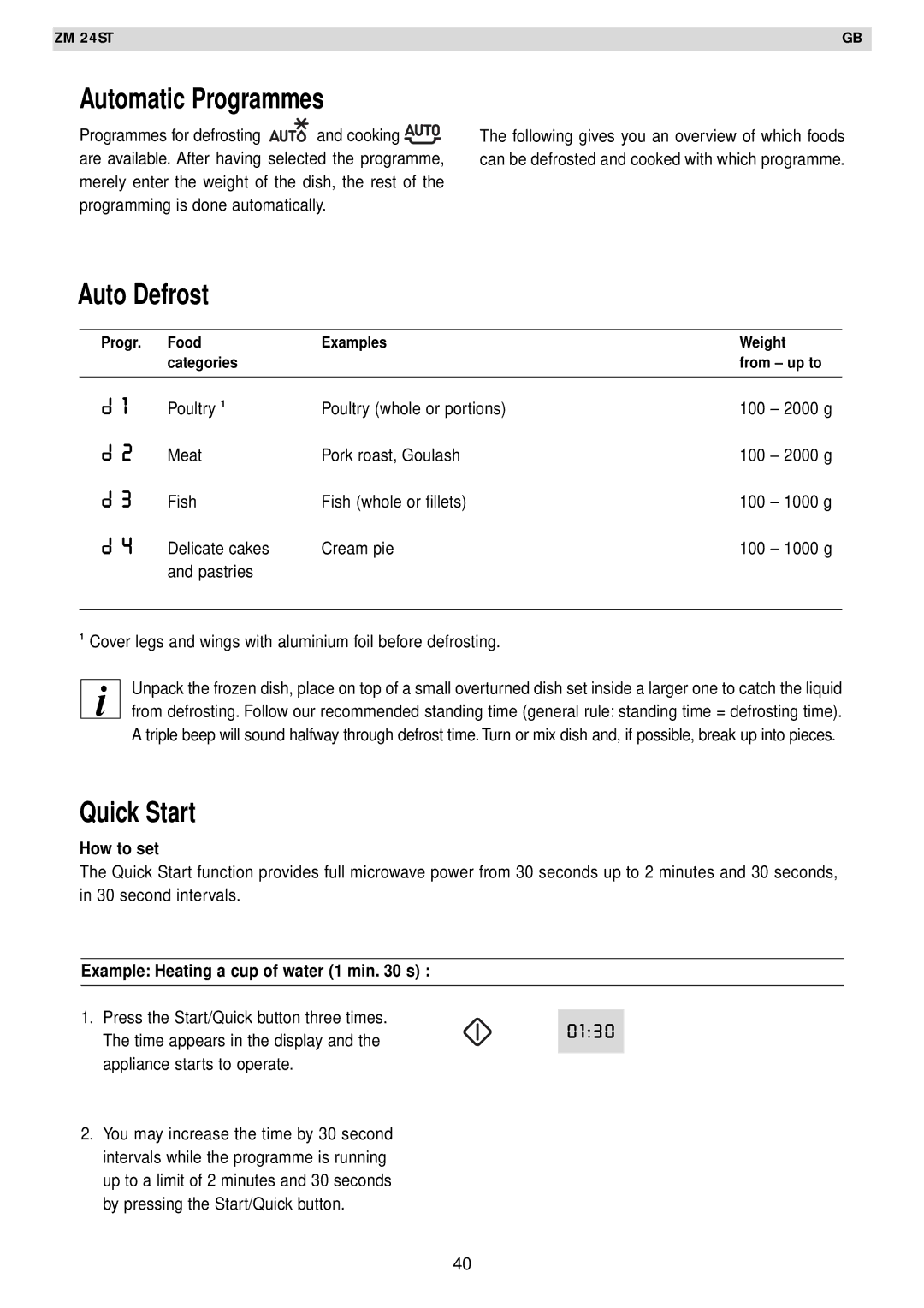 Zanussi AG125 quick start Automatic Programmes, Auto Defrost, Quick Start, Example Heating a cup of water 1 min s 