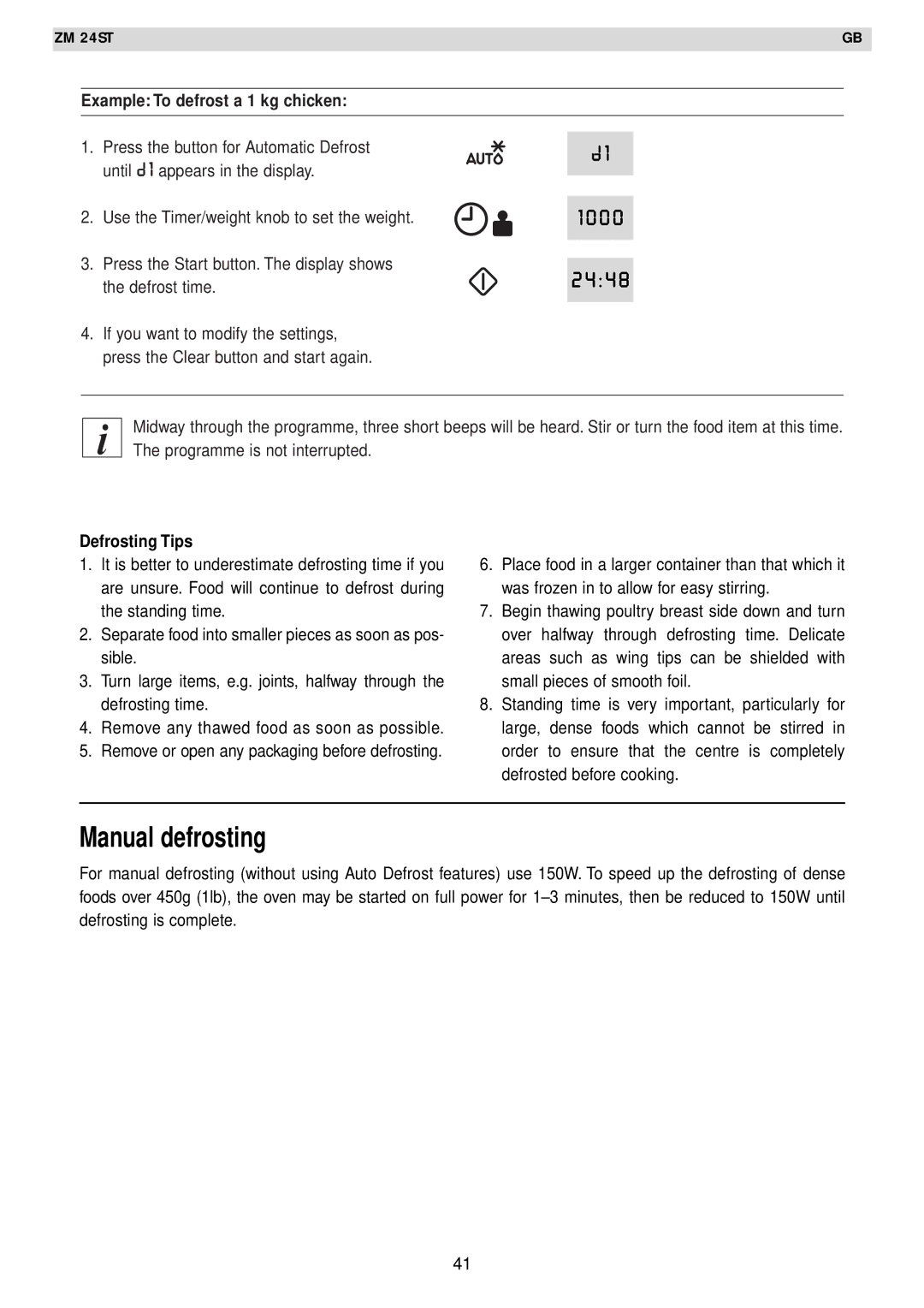 Zanussi AG125 quick start Manual defrosting, Example To defrost a 1 kg chicken, Defrosting Tips 