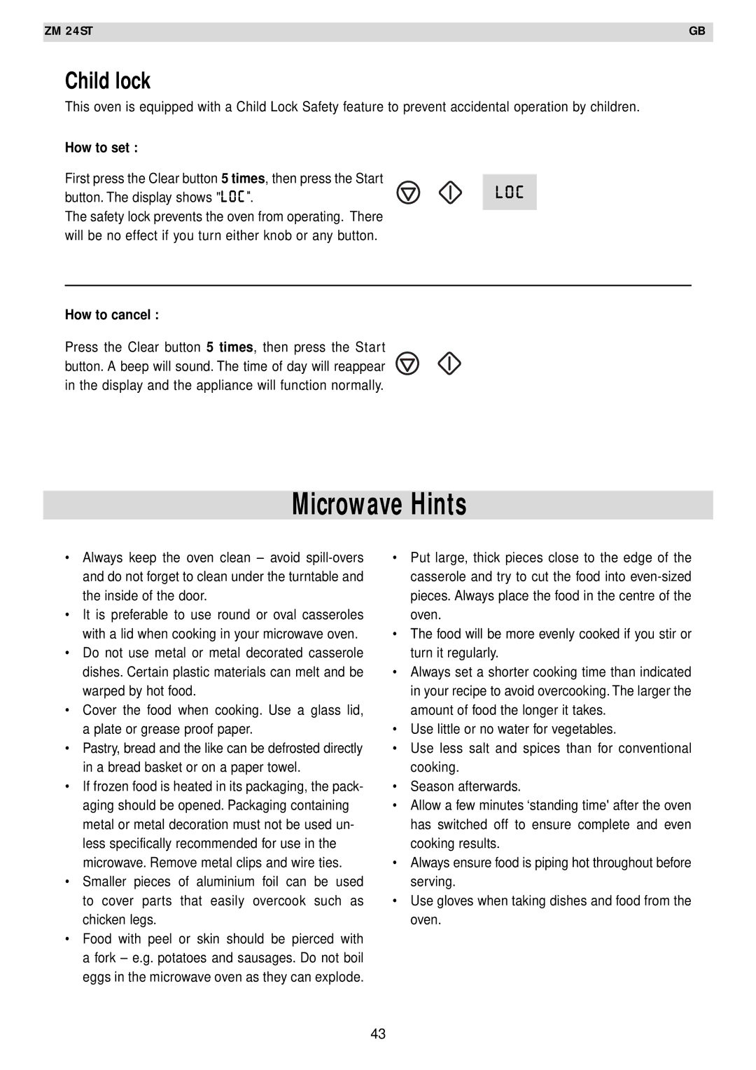 Zanussi AG125 quick start Microwave Hints, Child lock, How to cancel 