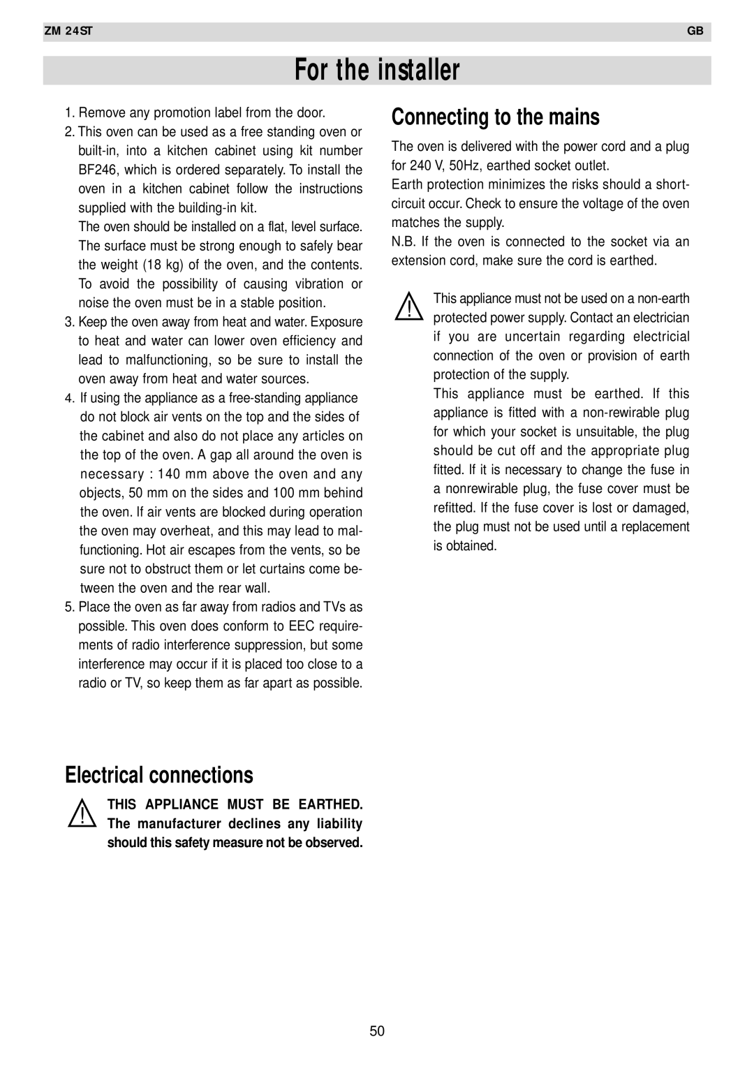 Zanussi AG125 quick start For the installer, Connecting to the mains, Electrical connections 