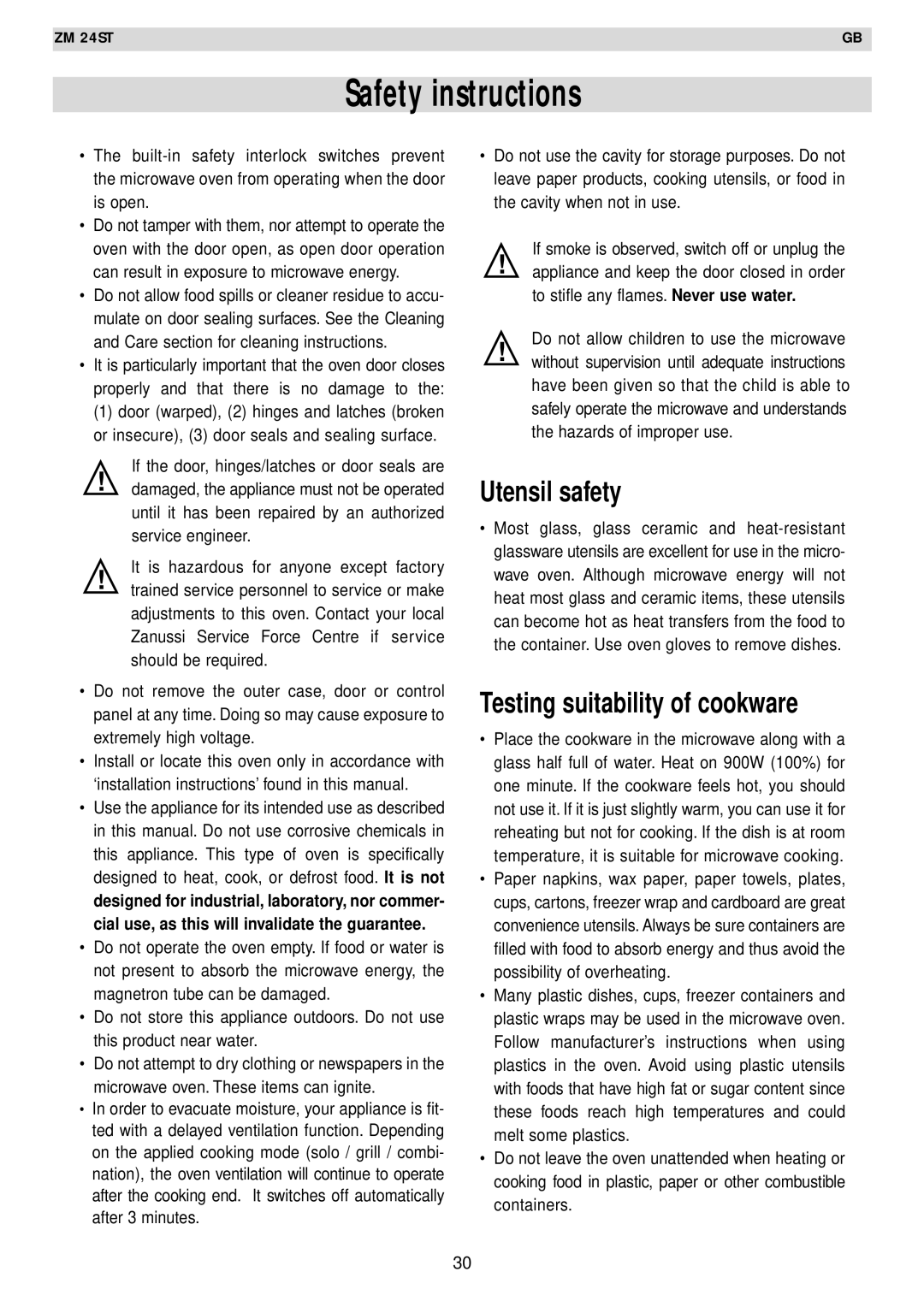 Zanussi AG125 quick start Safety instructions, Utensil safety, Testing suitability of cookware 