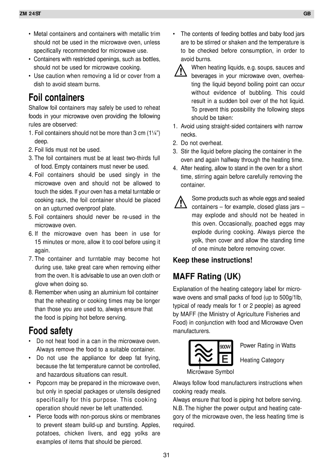 Zanussi AG125 quick start Foil containers, Food safety 