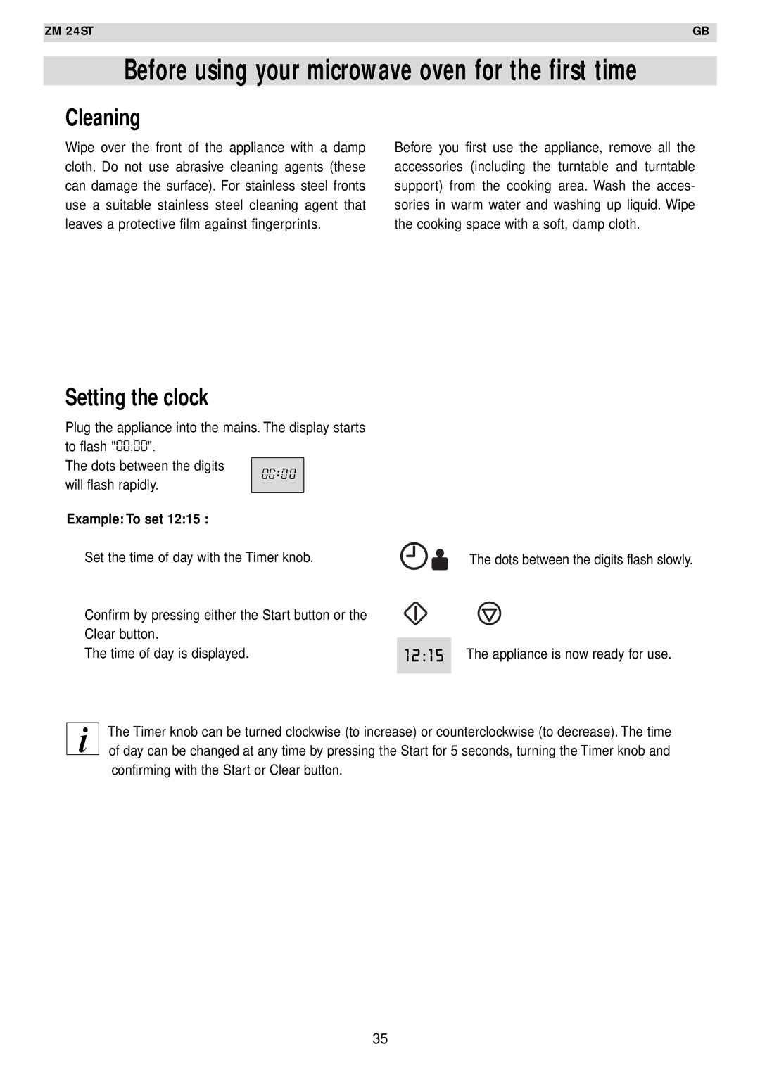 Zanussi AG125 quick start Cleaning, Setting the clock, Example To set 