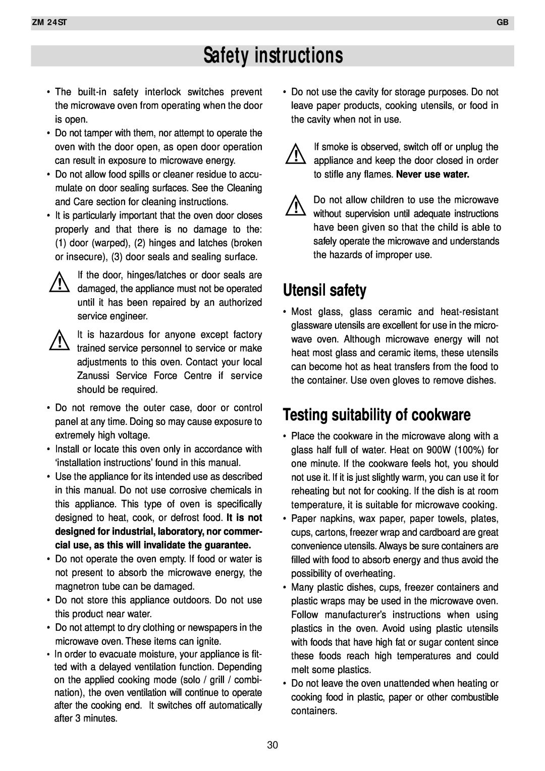 Zanussi AG125 quick start Safety instructions, Utensil safety, Testing suitability of cookware 