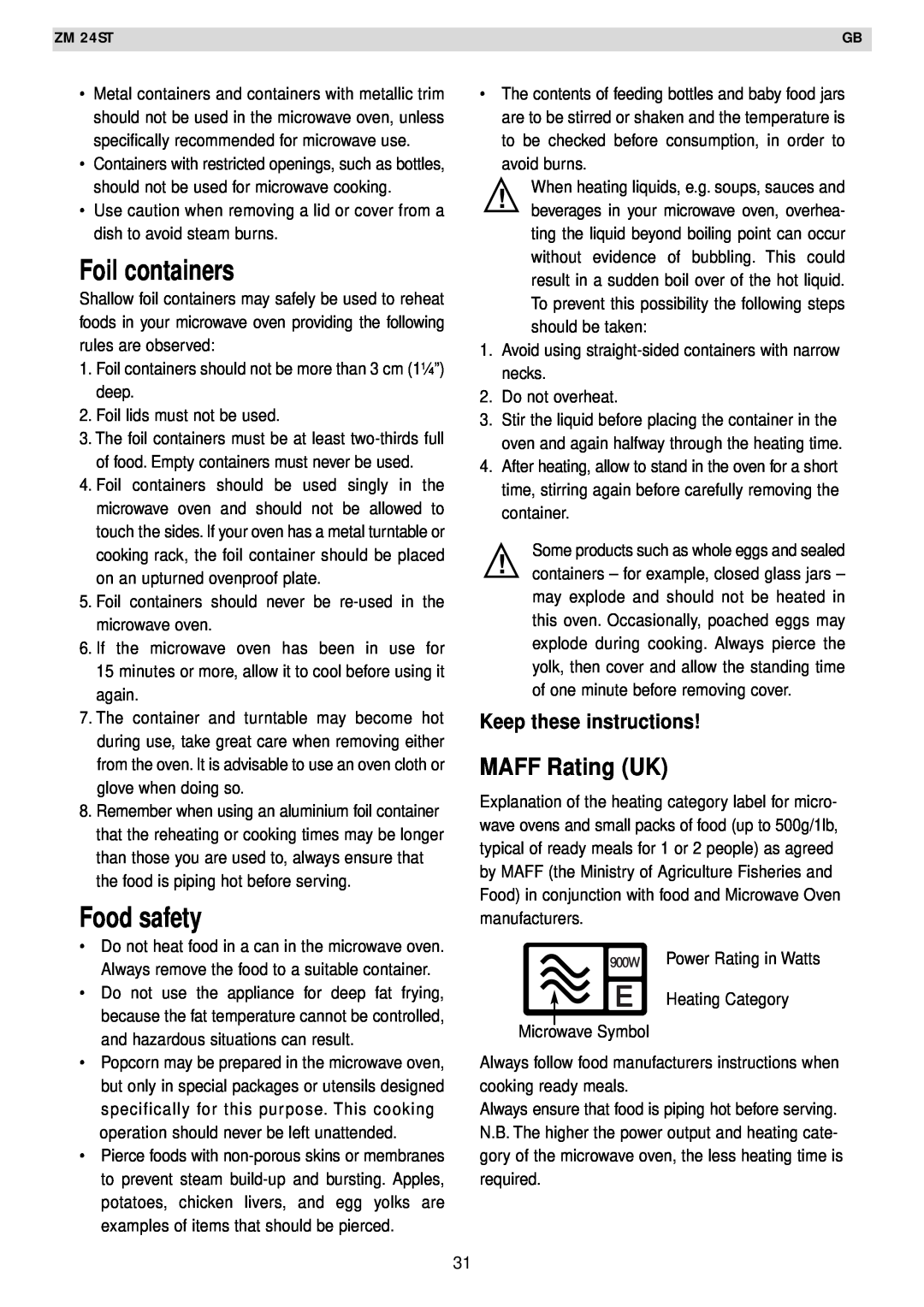 Zanussi AG125 quick start Foil containers, Food safety, MAFF Rating UK, Keep these instructions 