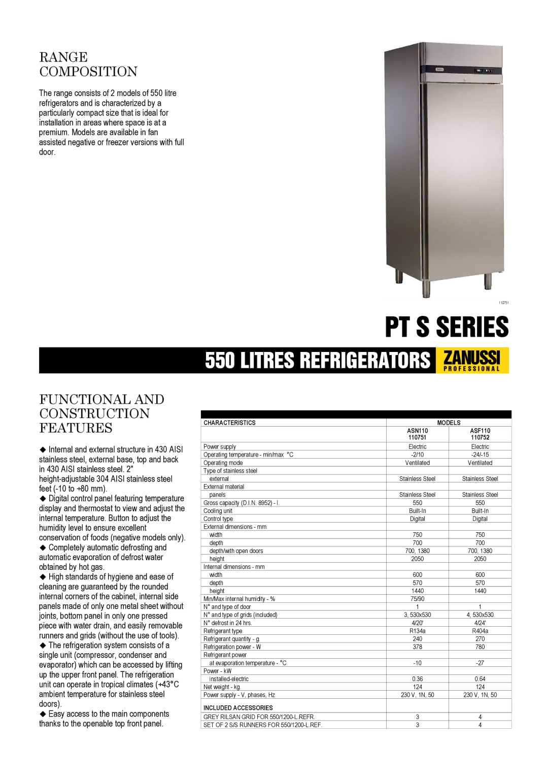 Zanussi ASF110, ASN110, PT S Series, 110752, 110751 dimensions Technical Data Characteristics Models, Included Accessories 