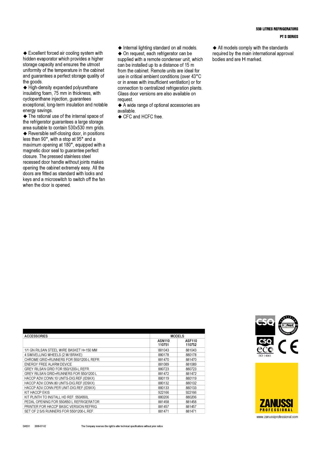 Zanussi PT S Series, ASN110, ASF110, 110752, 110751 dimensions Zanussi, Optional Accessories Models 