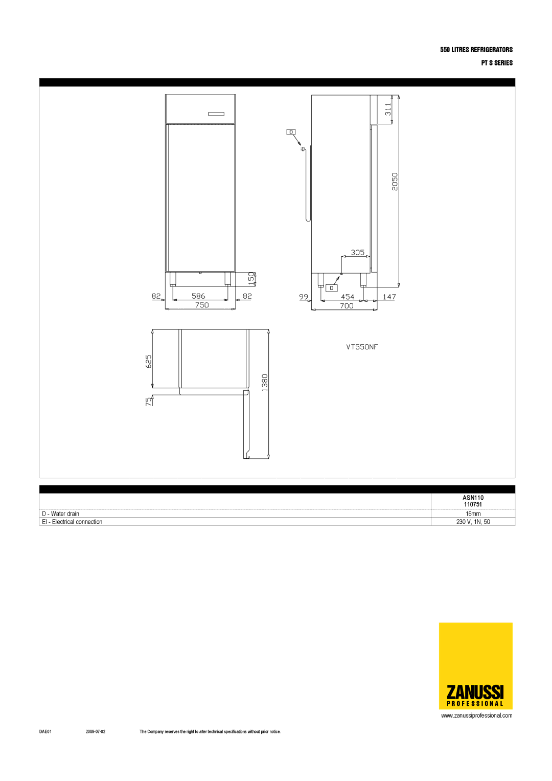 Zanussi 110752, ASN110, ASF110, PT S Series, 110751 dimensions Zanussi 