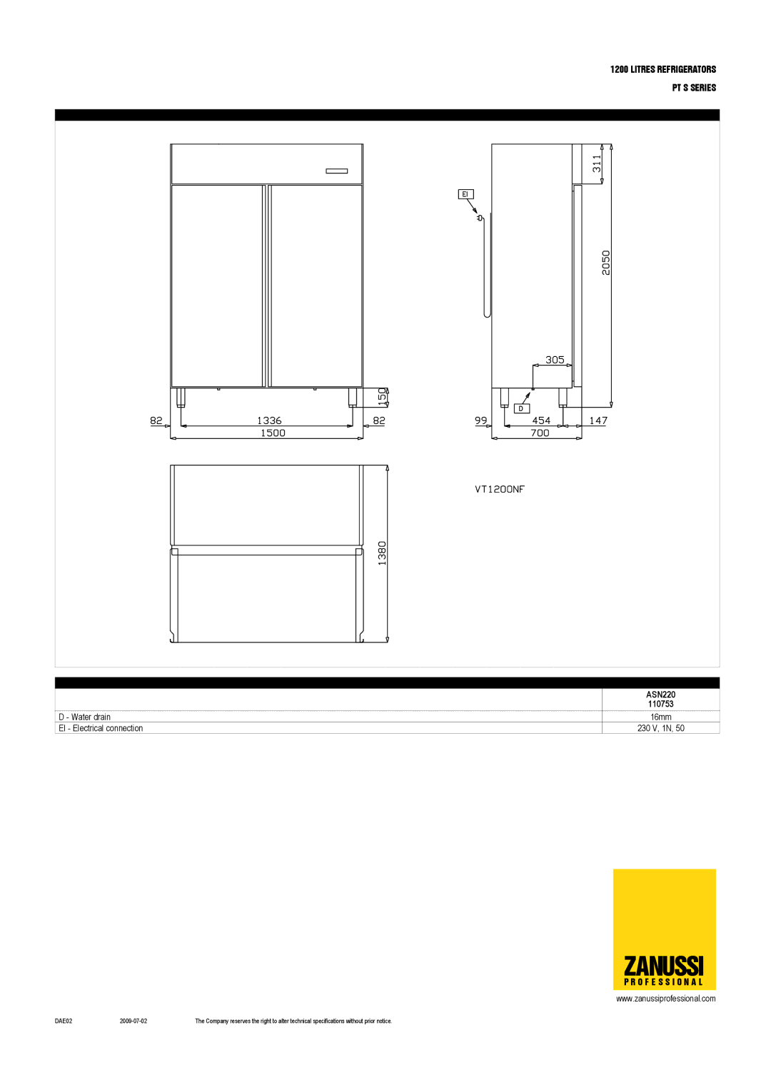 Zanussi 110753, ASN220, ASF220, 110754 dimensions Zanussi 