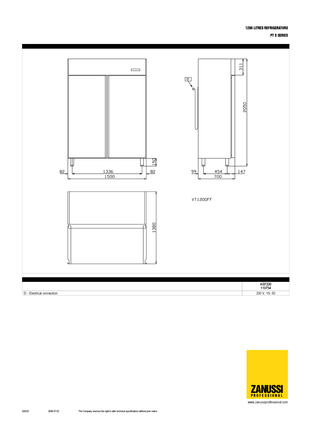 Zanussi ASN220, 110753 dimensions ASF220 110754 