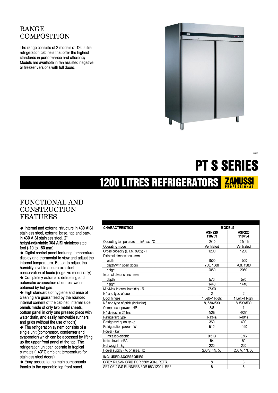 Zanussi ASF220, ASN220, 110754, 110753 dimensions Pt S Series, Range Composition, Functional And Construction Features 