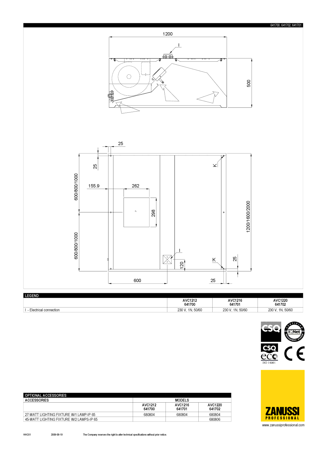 Zanussi AVC1212, AVC1220, AVC1216, 641701, 641700, 641702 dimensions Zanussi 