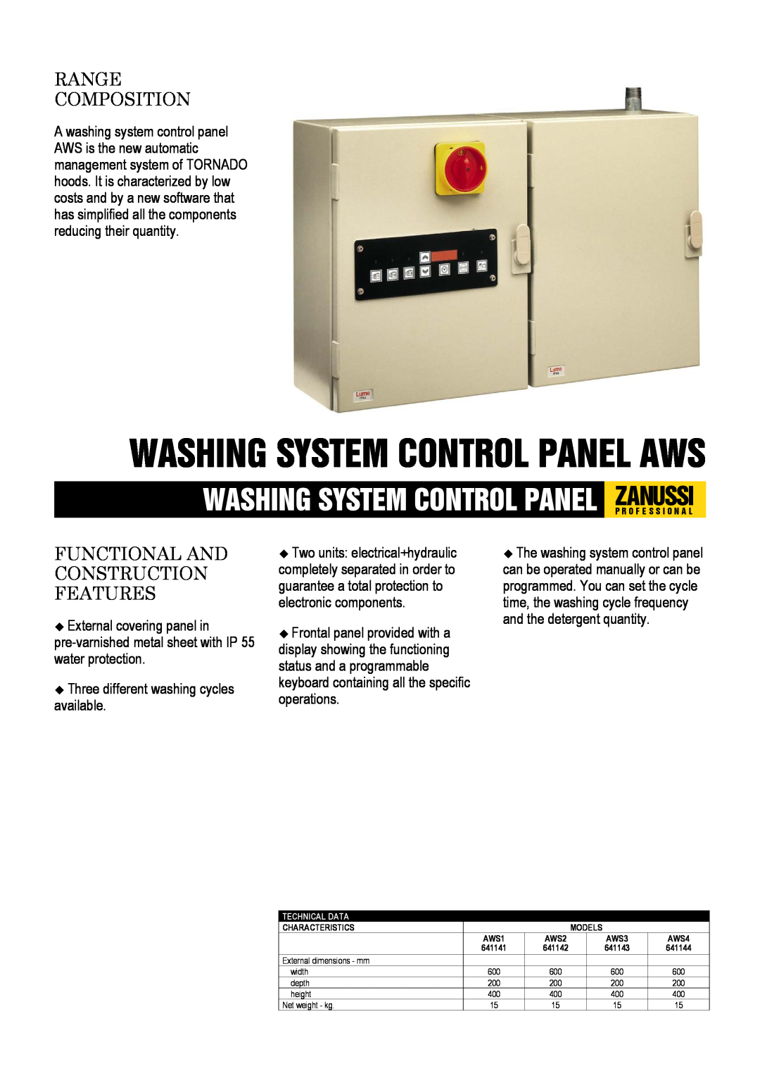 Zanussi AWS1 dimensions Washing System Control Panel Aws, Washing System Control Panel Zanussip R O F E S S I O N A L 