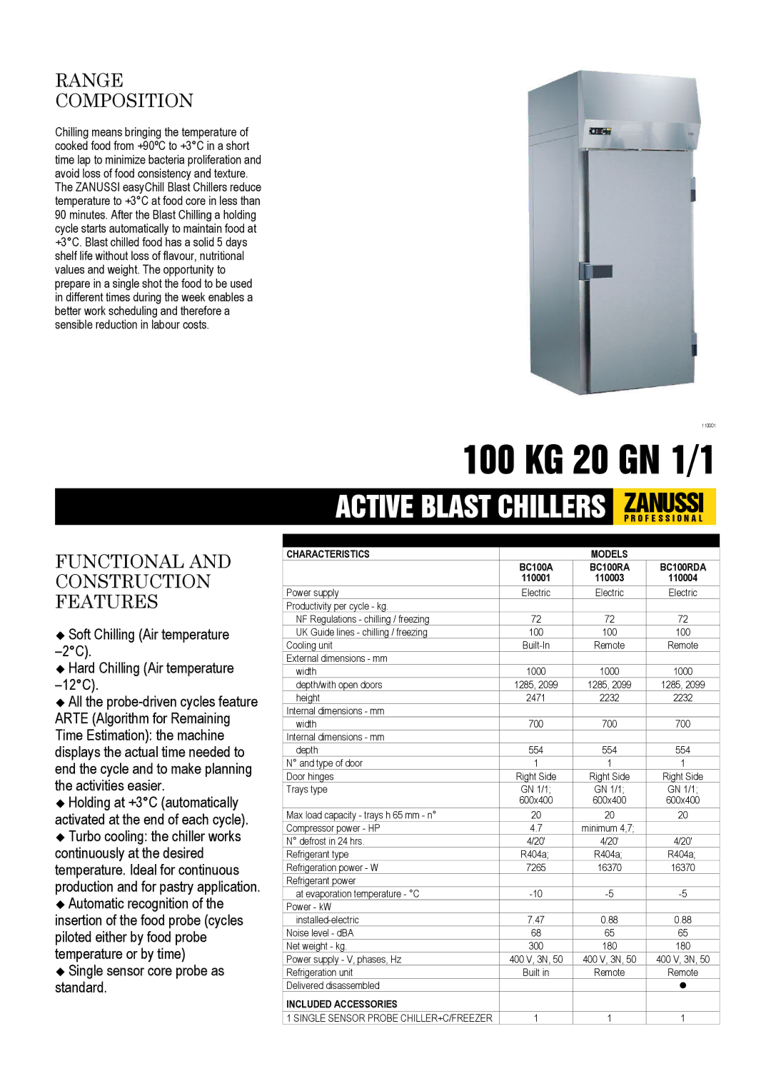 Zanussi BC100RA, BC100RDA, BC100A, 110004, 110003, 110001 dimensions 100 KG 20 GN 1/1 