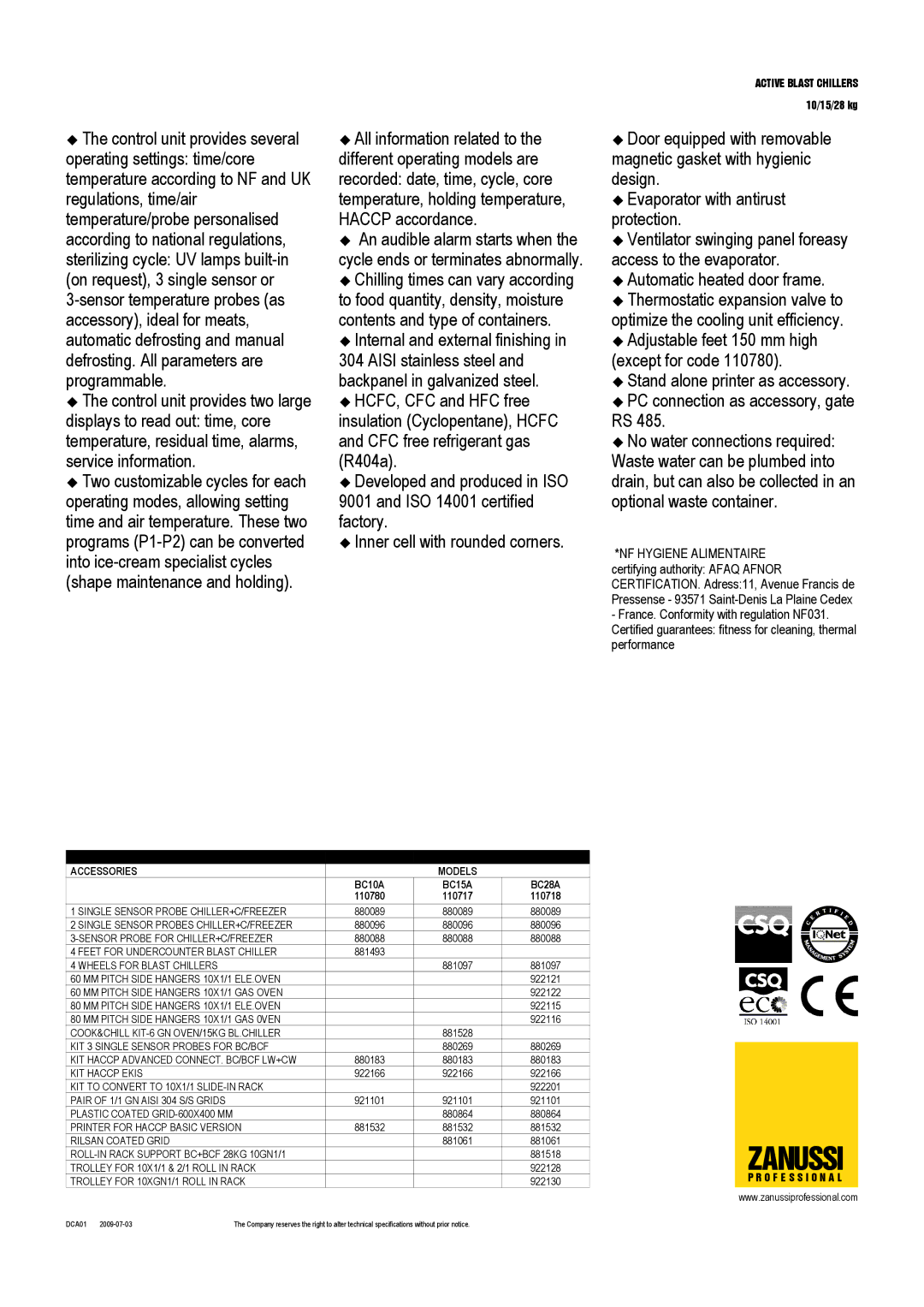 Zanussi BC28A, BC15A, 110780, 110717, 110718 dimensions Optional Accessories Models BC10A 