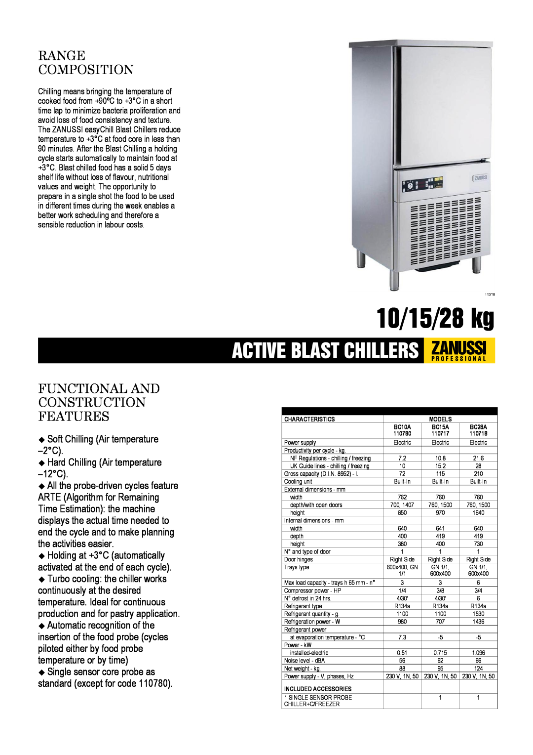 Zanussi BC15A, BC10A, BC28A, 110780, 110717 dimensions 10/15/28 kg, Range Composition, Functional And Construction Features 