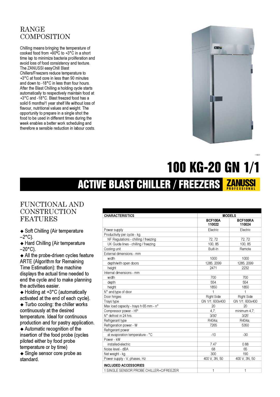 Zanussi BCF100A, BCF100RA, 110022, 110024 dimensions 100 KG-20 GN 1/1 