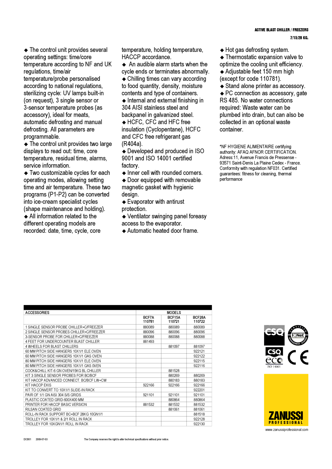 Zanussi BCF28A, BCF15A, 110721, 110722 dimensions Optional Accessories Models BCF7A, 110781 