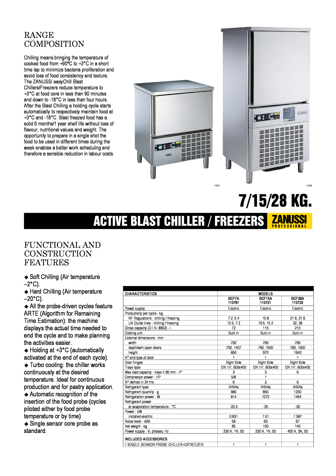 Zanussi BCF7A, BCF15A, BCF28A, 110781, 110721 dimensions 7/15/28 KG, Range Composition, Functional And Construction Features 