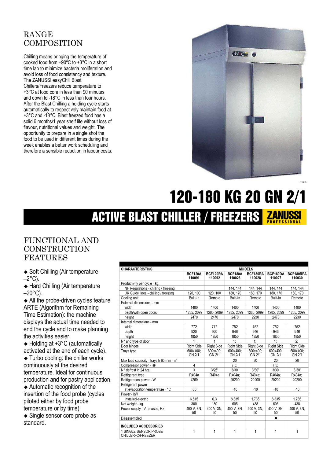 Zanussi BCF120A, BCF180RPA, BCF120RA, BCF180RA, 110030 dimensions Technical Data Characteristics Models, Included Accessories 