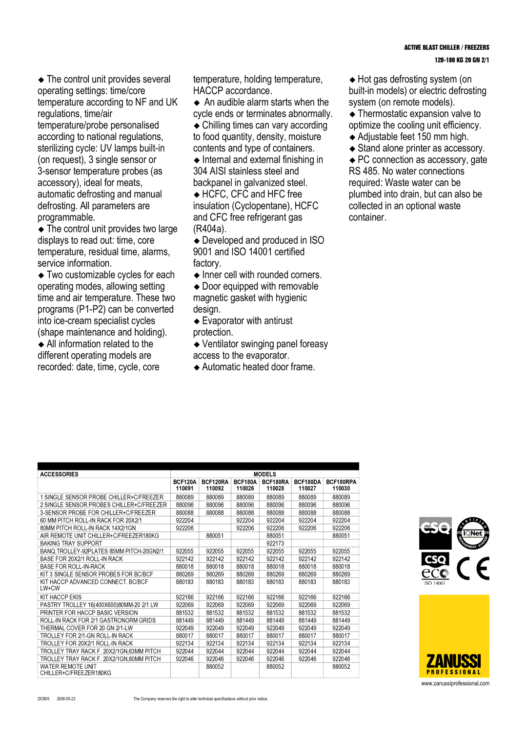 Zanussi BCF120RA, BCF180RPA, BCF120A, BCF180RA, BCF180A, BCF180DA, 110030, 110028, 110091 Zanussi, Optional Accessories Models 