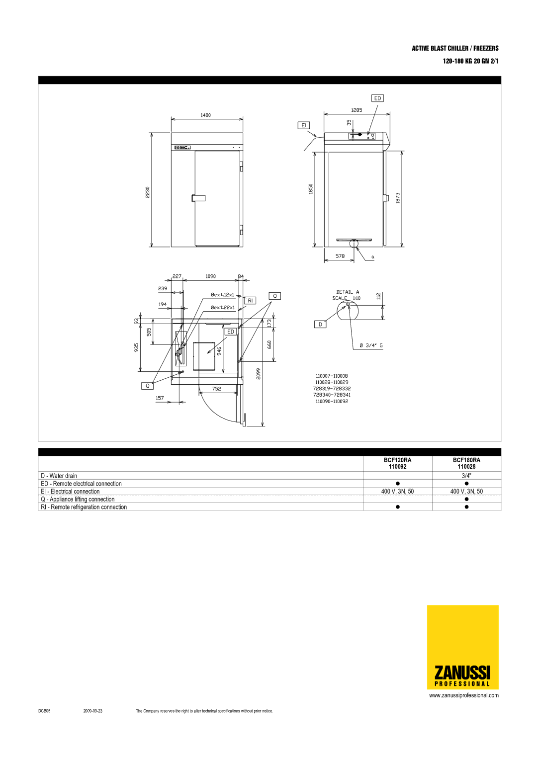 Zanussi BCF180A, BCF180RPA, BCF120A, BCF120RA, BCF180RA, BCF180DA, 110030, 110028, 110091, 110026, 110027 dimensions 110092 