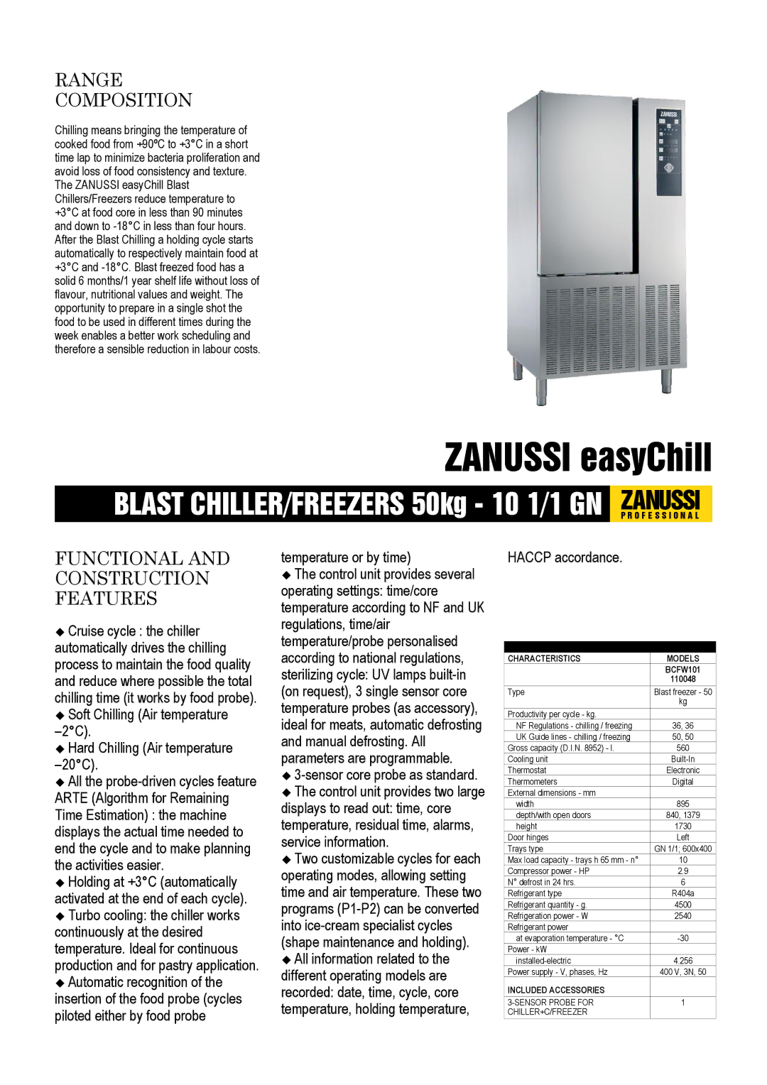 Zanussi 110048, BCFW101 dimensions Range Composition, Functional and Construction Features, Temperature or by time 