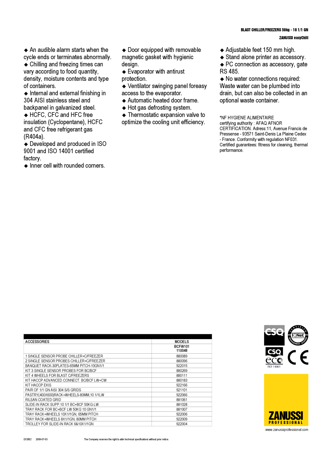 Zanussi BCFW101, 110048 dimensions Zanussi, Optional Accessories Models 