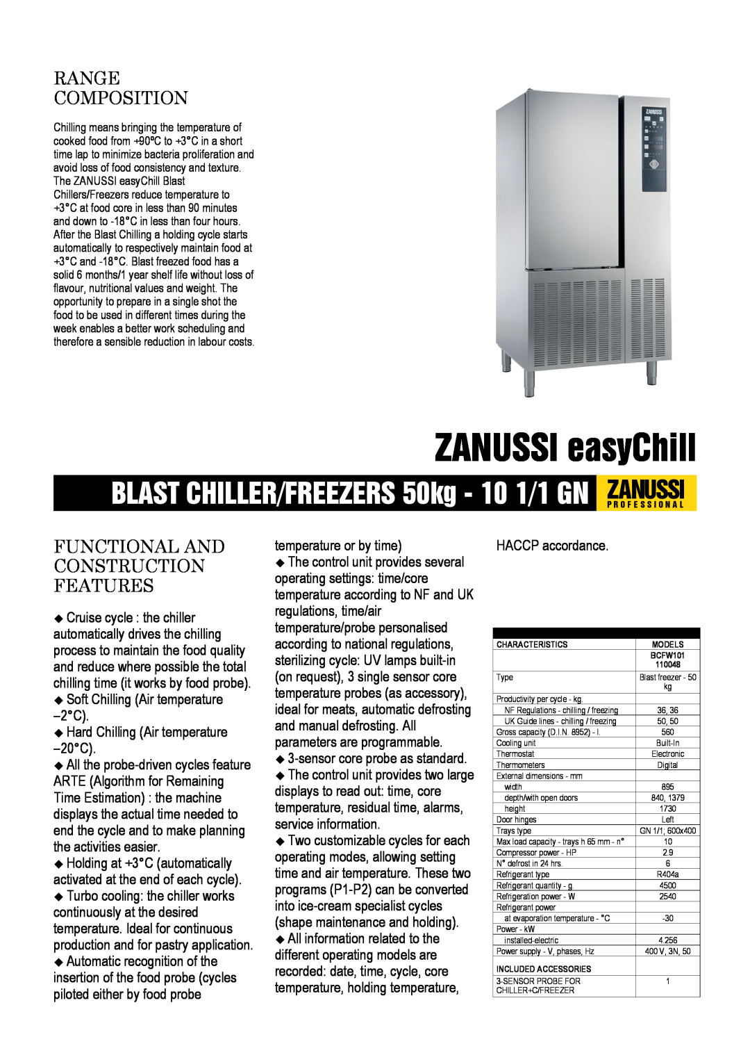 Zanussi 110048, BCFW101 dimensions ZANUSSI easyChill, Range Composition, Functional And Construction Features 