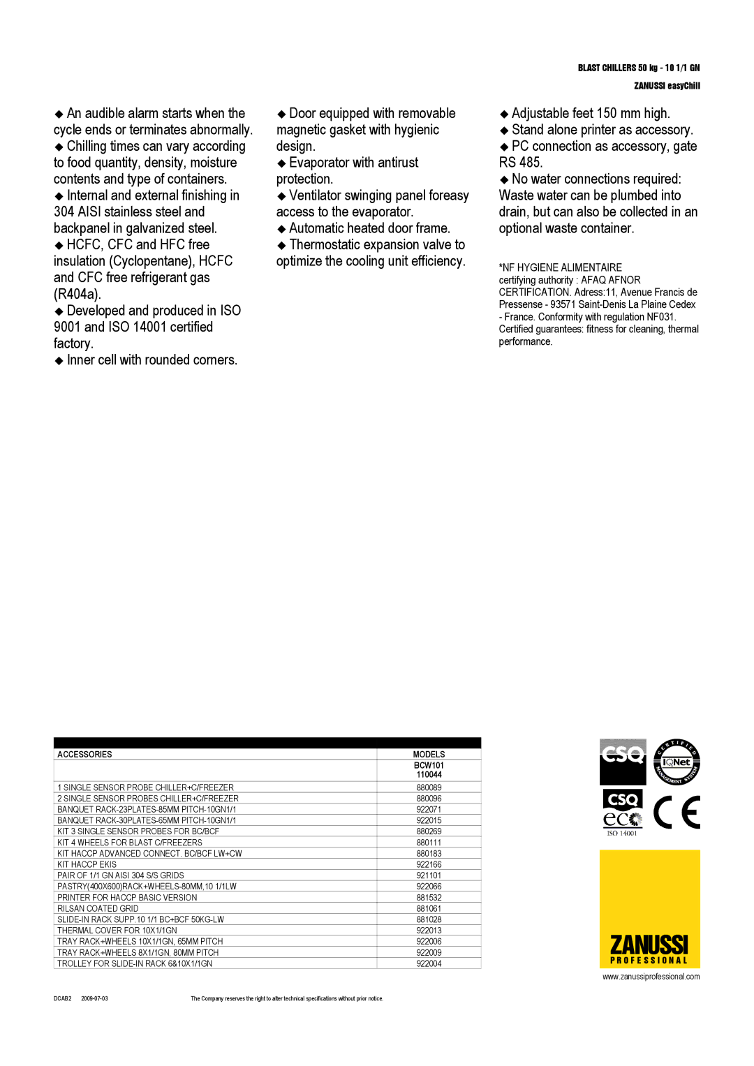 Zanussi BCW101, 110044 dimensions Zanussi, Optional Accessories Models 