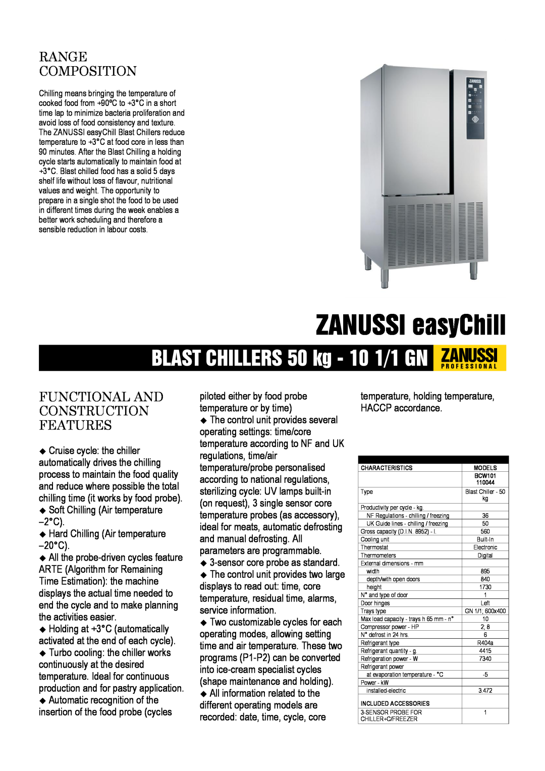 Zanussi 110044, BCW101 dimensions ZANUSSI easyChill, Range Composition, Functional And Construction Features 