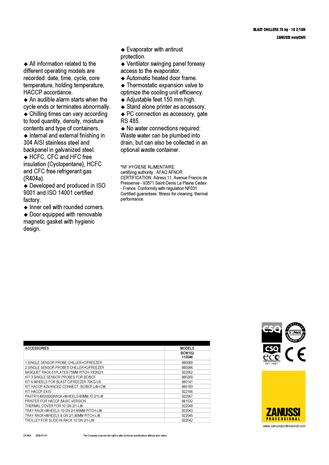 Zanussi BCW102, 110046 dimensions Zanussi, Optional Accessories Models 