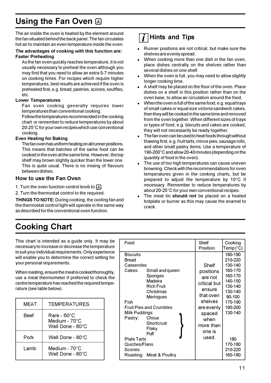 Zanussi BMS 641 - BST 6 manual Using the Fan Oven, Cooking Chart, How to use the Fan Oven 