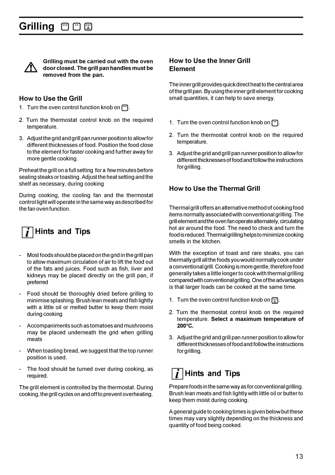 Zanussi BMS 641 - BST 6 Grilling, How to Use the Grill, How to Use the Inner Grill Element, How to Use the Thermal Grill 