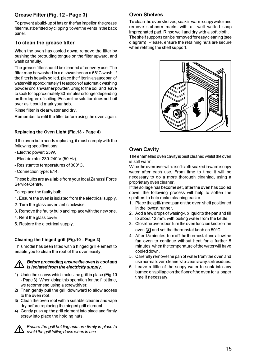 Zanussi BMS 641 - BST 6 manual Grease Filter, To clean the grease filter, Oven Shelves, Oven Cavity 