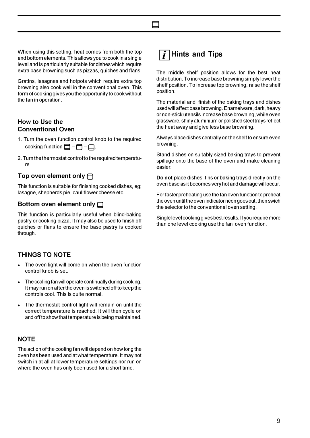 Zanussi BMS 641 - BST 6 Using the Conventional Oven, Hints and Tips, How to Use Conventional Oven, Top oven element only 