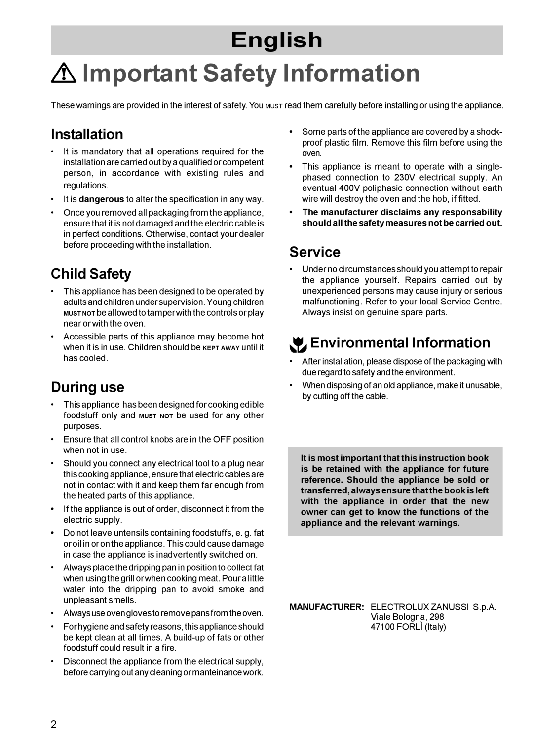 Zanussi BMS 841, BMF 849 manual Installation, Child Safety, During use, Service, Environmental Information 