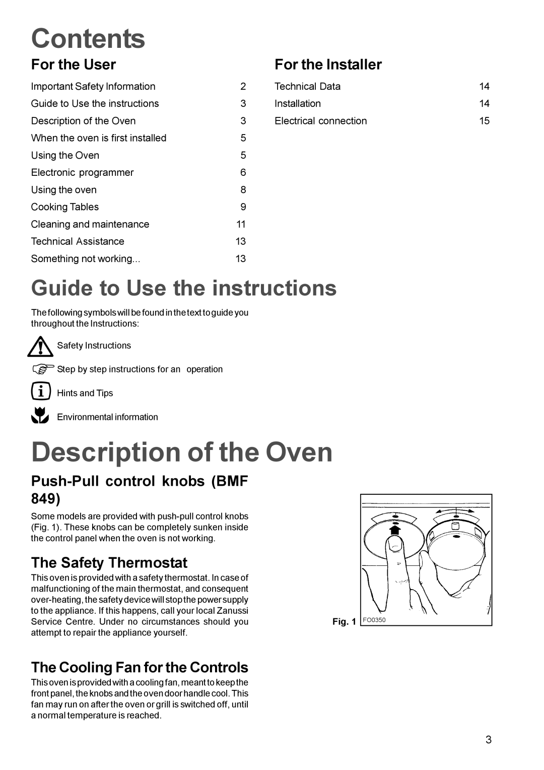 Zanussi BMF 849, BMS 841 manual Contents, Description of the Oven 