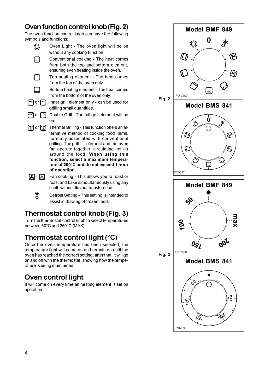 Zanussi BMS 841, BMF 849 manual Oven function control knob Fig, Thermostat control knob Fig, Thermostat control light C 