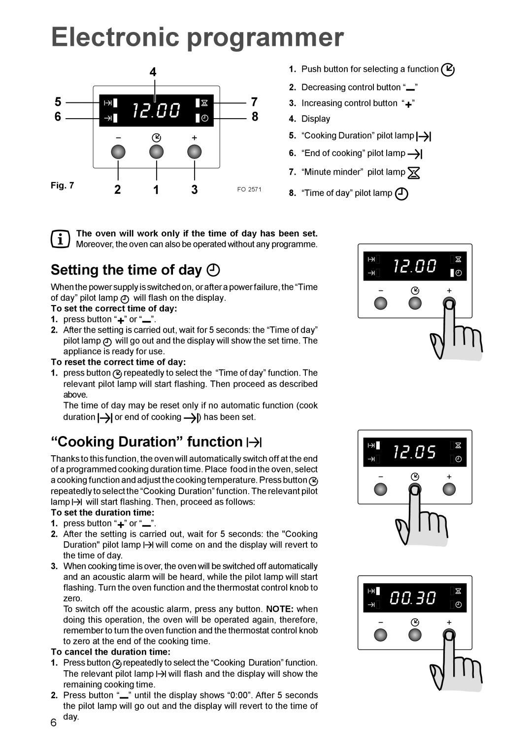 Zanussi BMS 841, BMF 849 manual Electronic programmer, Setting the time of day, Cooking Duration function 