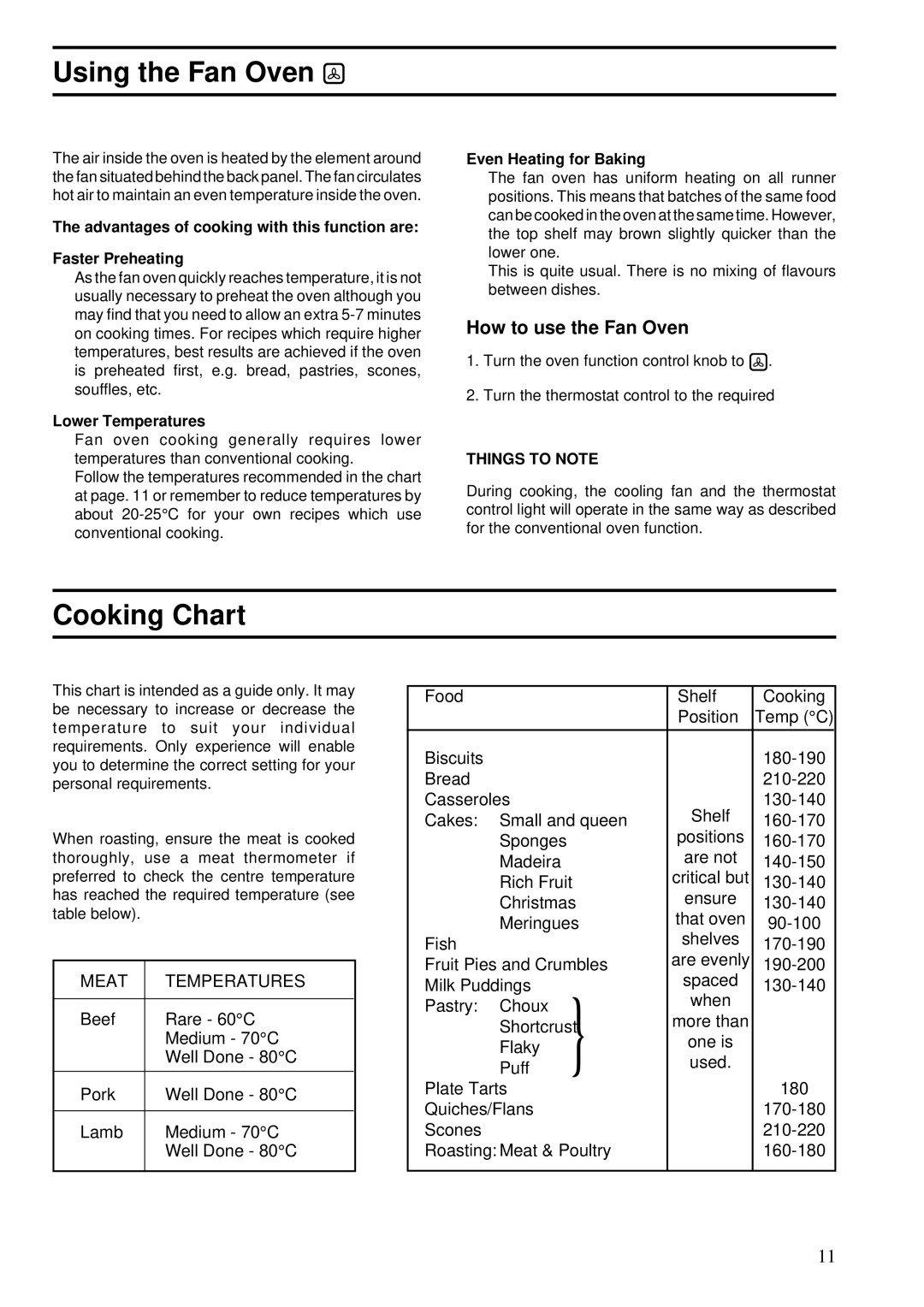 Zanussi 641, BST 6 Using the Fan Oven, Cooking Chart, How to use the Fan Oven, Lower Temperatures, Even Heating for Baking 