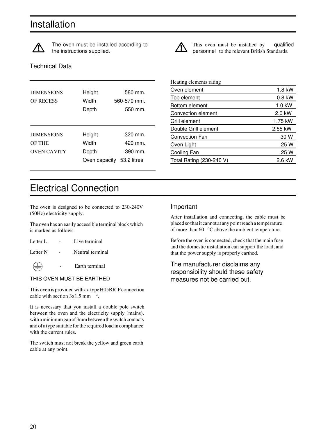 Zanussi BST 6, 641 manual Installation, Electrical Connection, Technical Data 