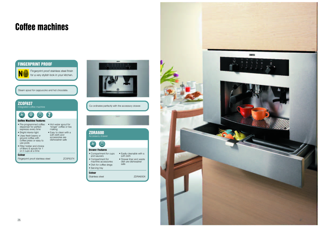 Zanussi Built-In Coffee Machine manual Fingerprint Proof, ZCOF637, ZDRA600 