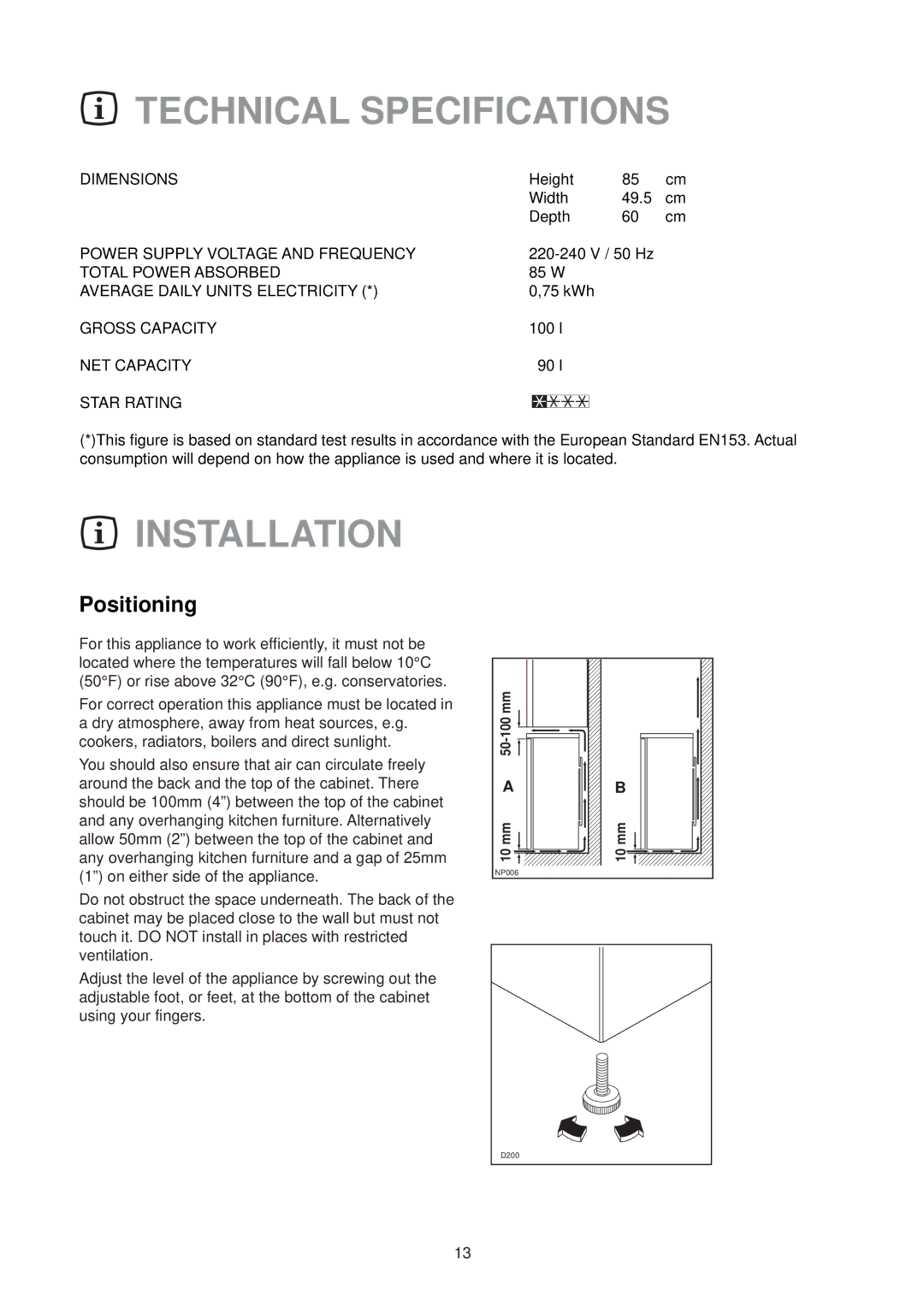 Zanussi CF 50 SI manual Technical Specifications, Installation, Positioning 