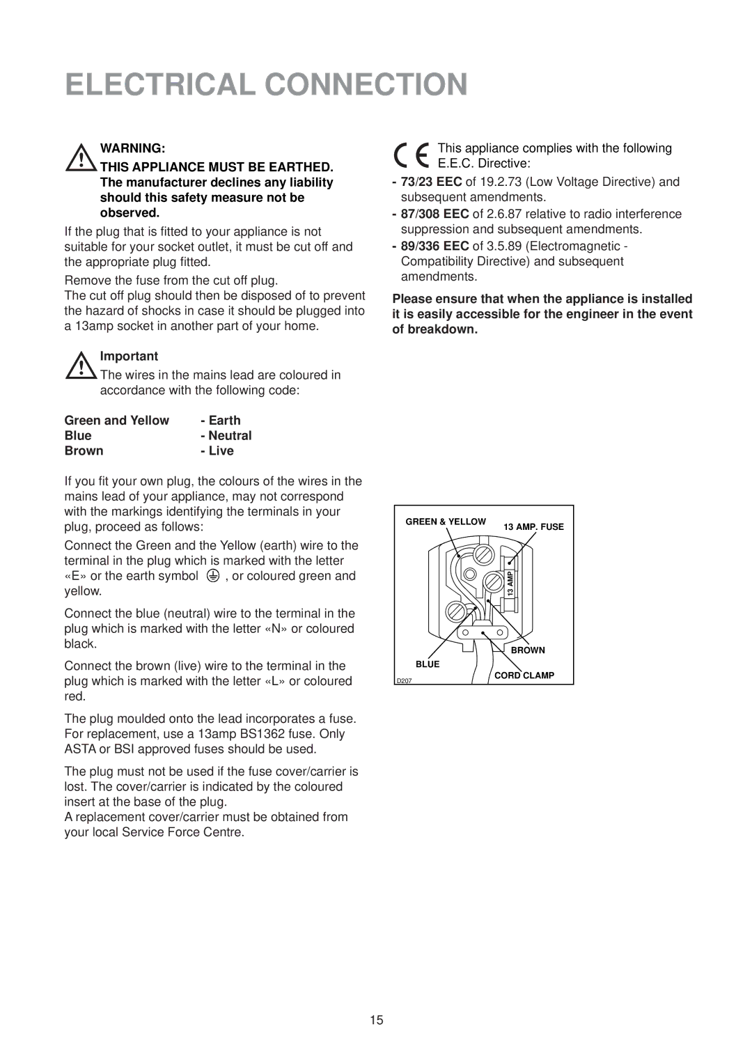 Zanussi CF 50 SI manual Electrical Connection, Green and Yellow Earth Blue Neutral Brown Live 