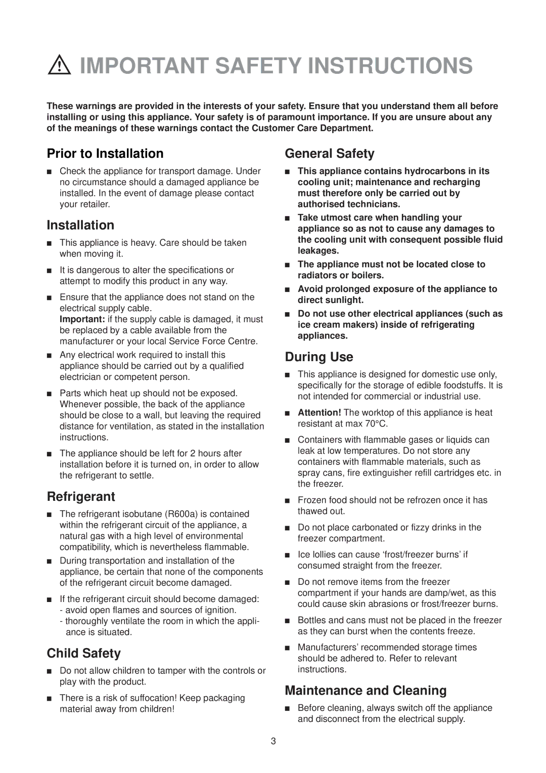 Zanussi CF 50 SI manual Important Safety Instructions 