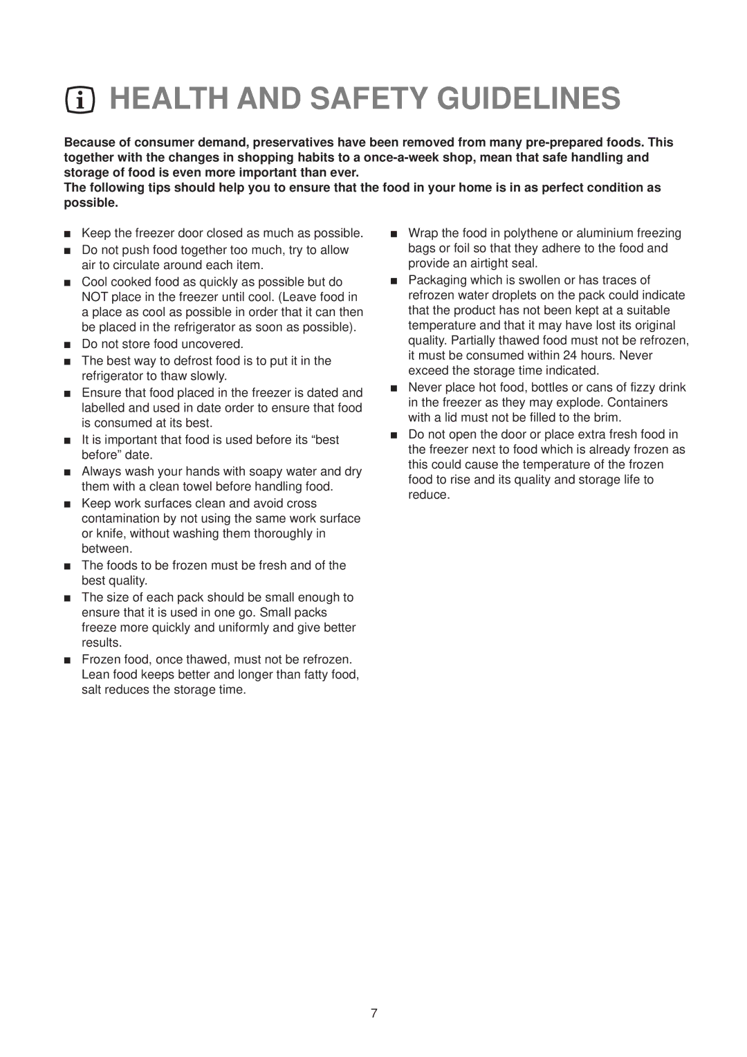 Zanussi CF 50 SI manual Health and Safety Guidelines 