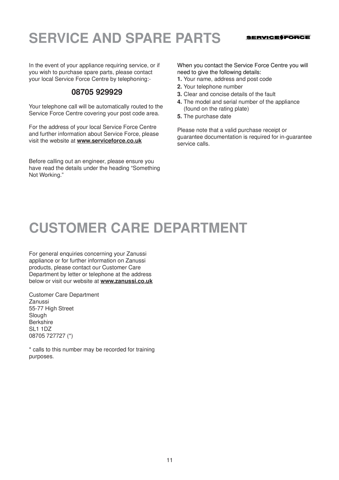 Zanussi CF 50 SI manual Service And Spare Parts, Customer Care Department, 08705 