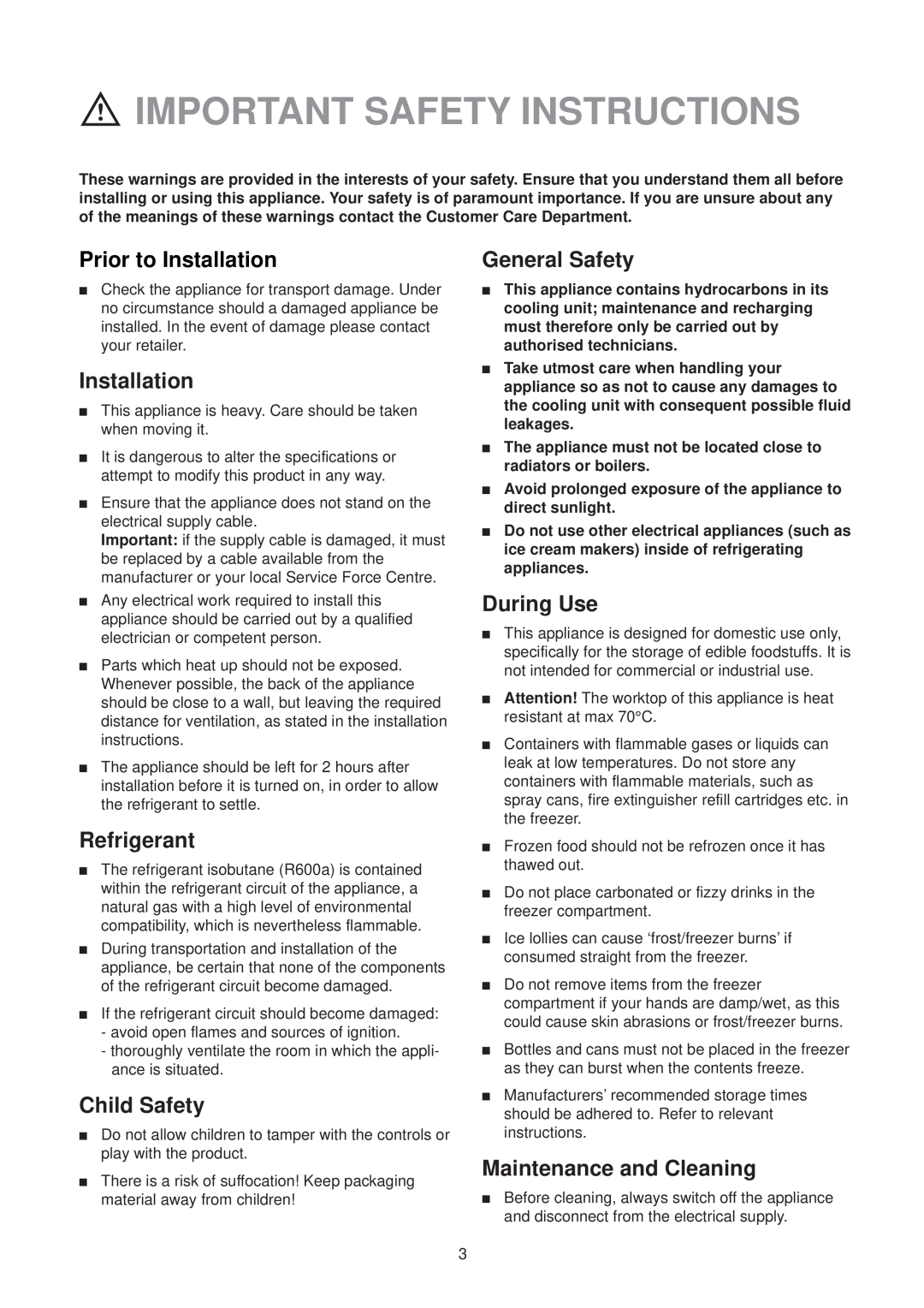 Zanussi CF 50 SI manual Important Safety Instructions, Prior to Installation, General Safety, During Use, Refrigerant 